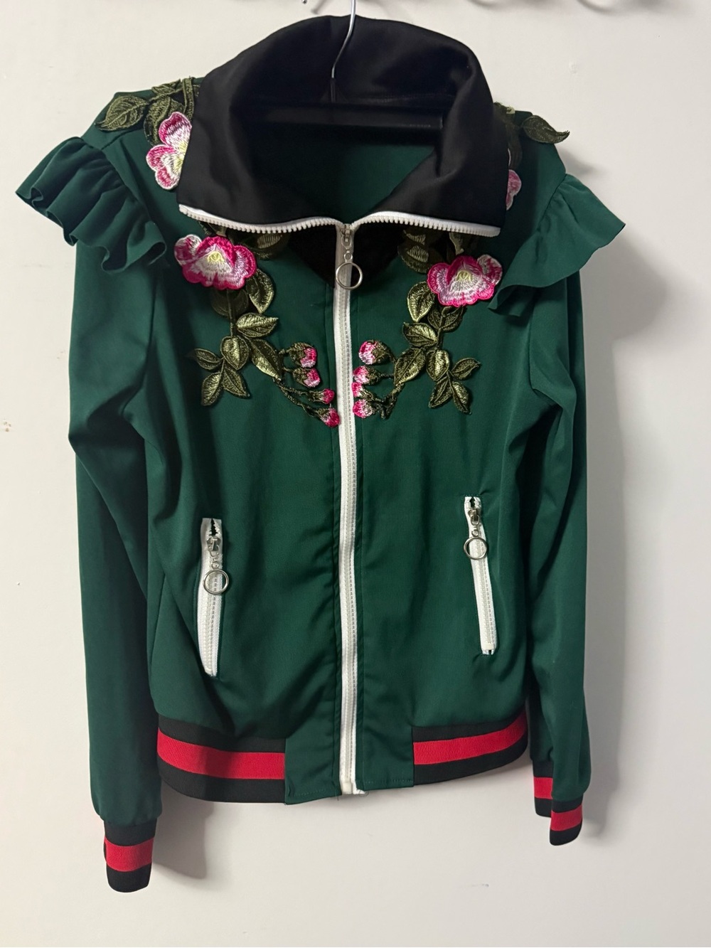 Green Floral Embroidered Women's Bomber Jacket